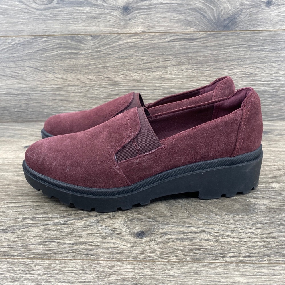 Clarks Lundy Rae Loafers Womens 7 Burgundy Suede Lug Sole Slip On Shoes 26167410